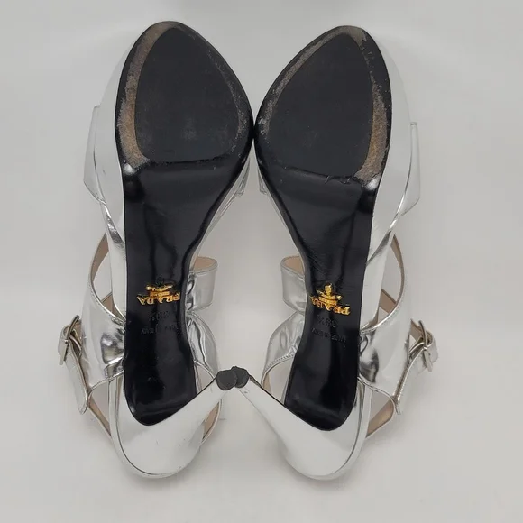 Prada Metallic Silver Platform Slingeback Strappy Straps Heel Sandals Size 39.5 - Picture 11 of 16